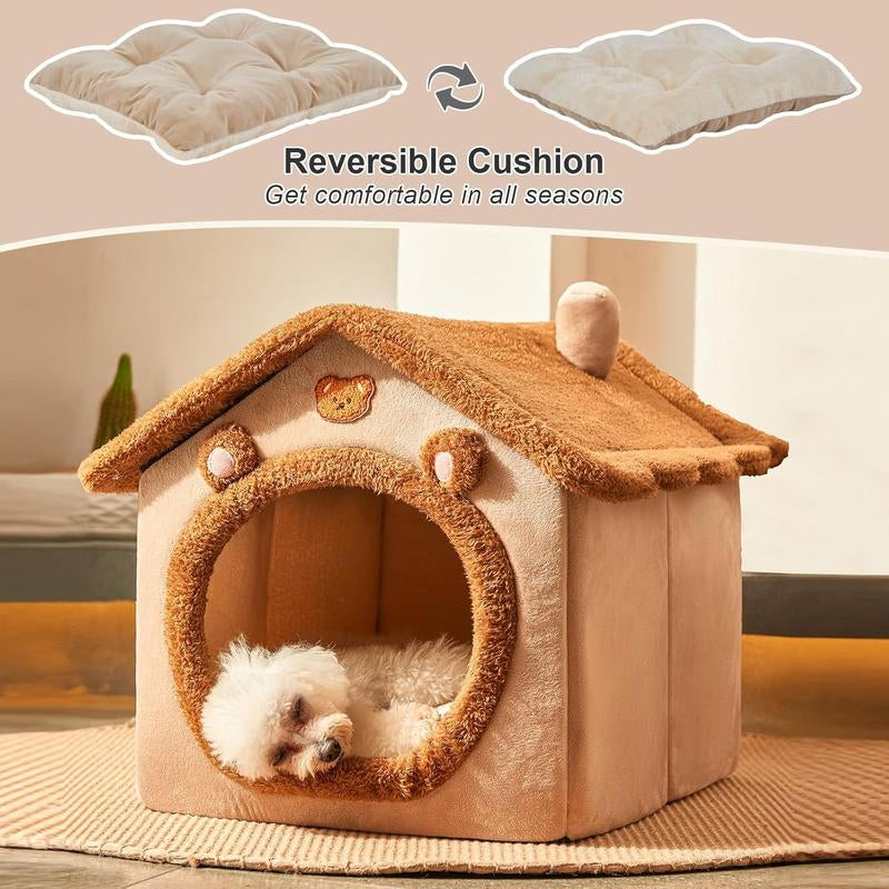 Cute Small Dog House Indoor, Foldable House Kennel Bed Mat with Cushion, M Size Tent up to 15 Lbs, Dog Cave Bed with Non-Slip Bottom, Brown